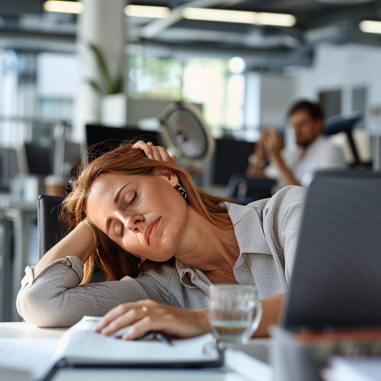 Bild Zeit Frau müde in einem Büro mit schlechter und warmer Luft.